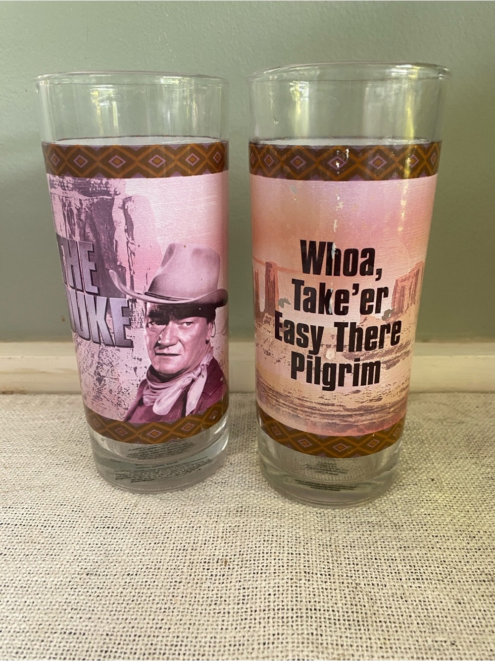 2 Vintage John Wayne "The Duke" Collectible Glass Tumbler Set Cowboy glassware